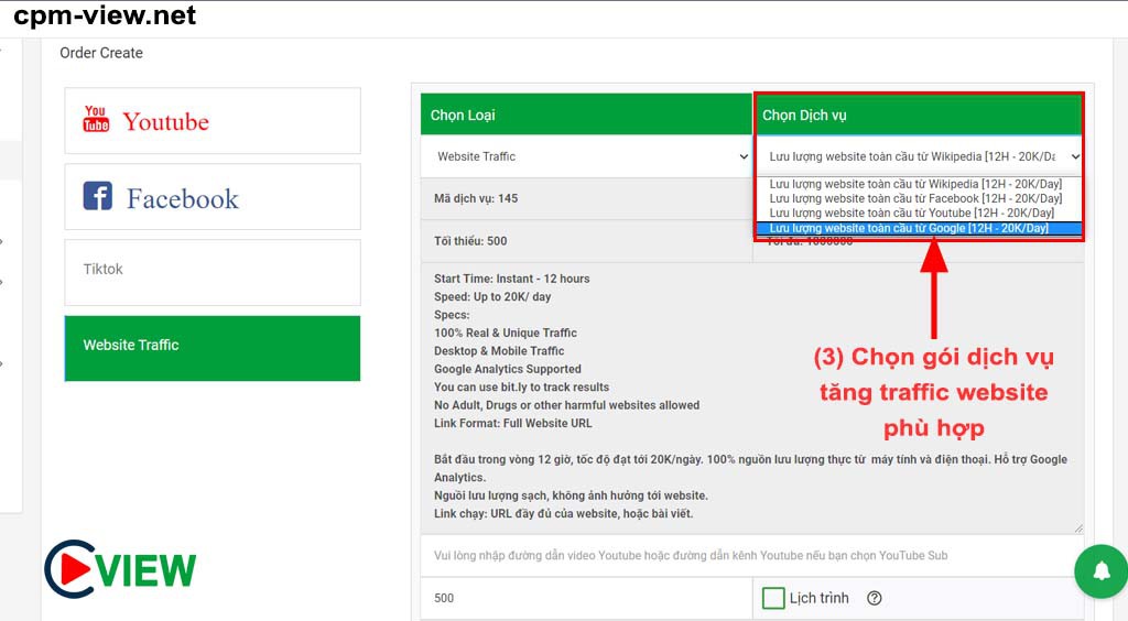 Bước 3 chọn gói dịch vụ tăng traffic website
