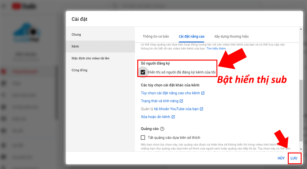 cách bật hiển thị subscriber youtube p1