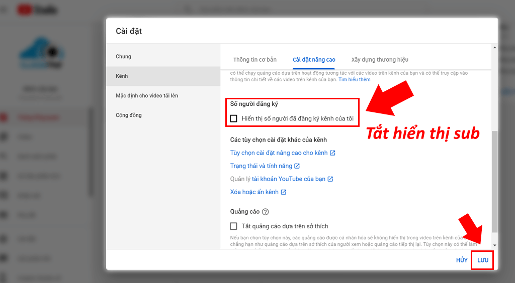 cách tắt hiển thị subscriber youtube p2
